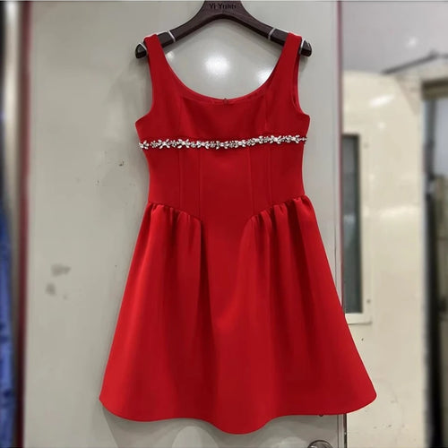 Load image into Gallery viewer, Solid Spliced Diamonds Mini Dresses For Women  Square Collar Sleeveless High Waist  Dress Female Fashion
