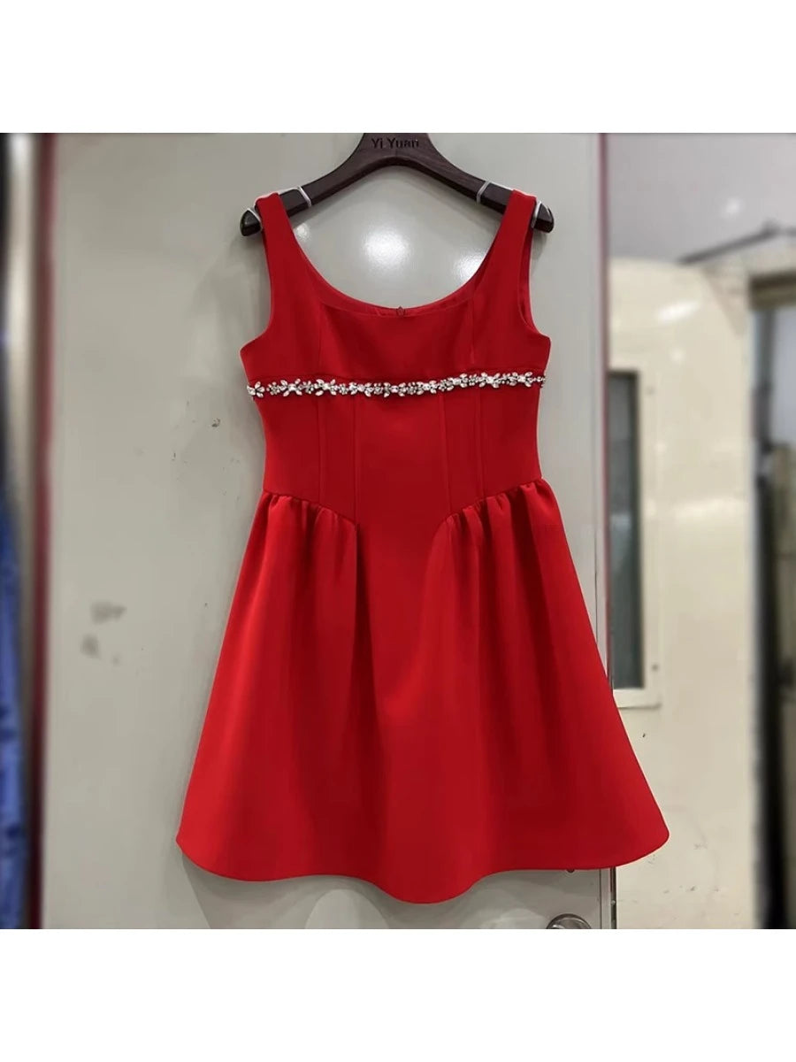 Solid Spliced Diamonds Mini Dresses For Women  Square Collar Sleeveless High Waist  Dress Female Fashion