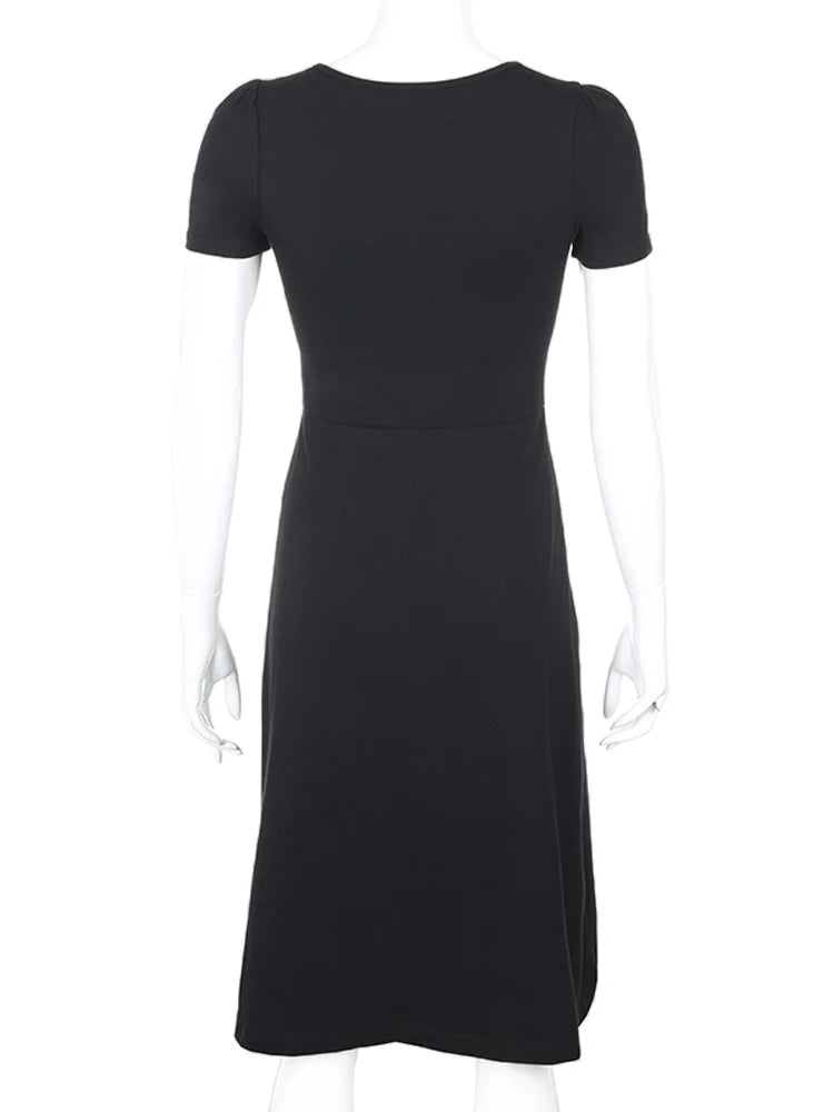 Square Neck Elegant Ruched Black Dress Side Split Short Sleeve Casual Dress Female Gothic Summer Dresses Sundress