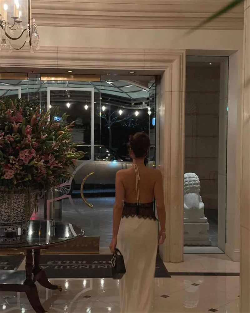 Summer Backless Sexy Maxi Dress Women Gown Patchwork Lace Halter Deep V Neck Sleeveless High Waist Elegant Long Dress