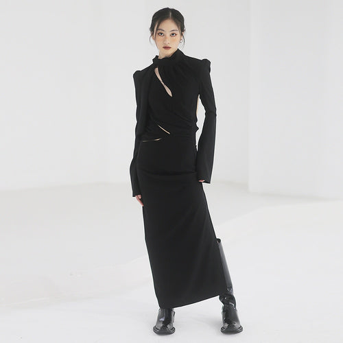 Load image into Gallery viewer, Backless Sexy Midi Dress For Women Scarf Collar Long Sleeve Cut Out Split Thigh Midi Dresses Female Clothes Fashion
