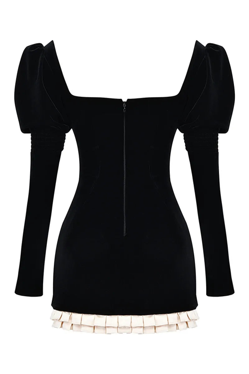 Elegant Long Sleeve Backless Sexy Mini Dress  Women Autumn Winter New Patchwork Square Collar Bodycon Club Party Dress