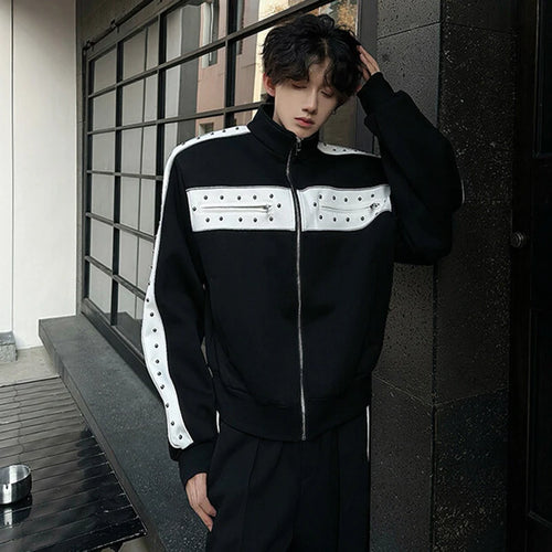 Load image into Gallery viewer, Men&#39;s Jacket Rivets Design Contrasting Color Stand Collar New Korean Shoulder Pad Jackets Multi Zippers Spring 2025 9W1344
