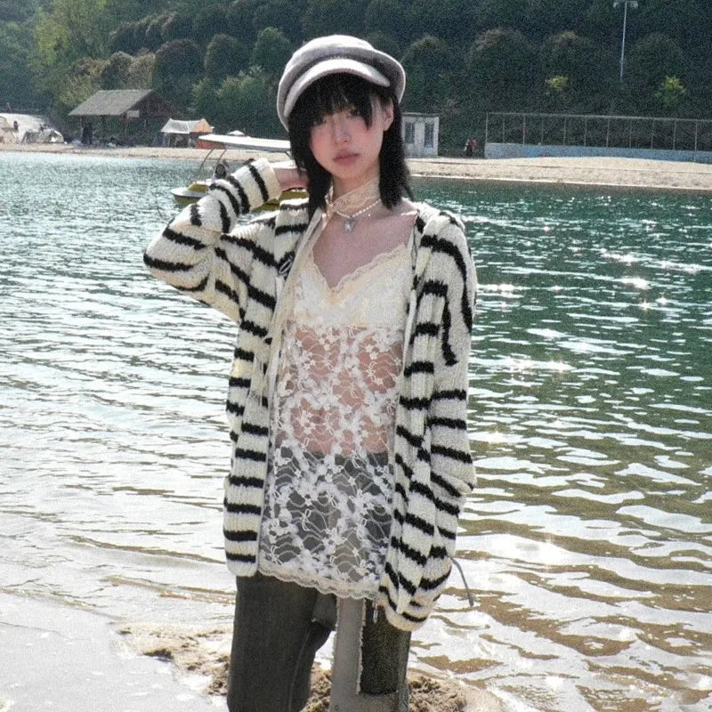 Japanese Y2k Hooded Cardigan Vintage 2000s Style Rabbit Ears Knitted Coat Harajuku Black Striped Knitwear Korean Popular