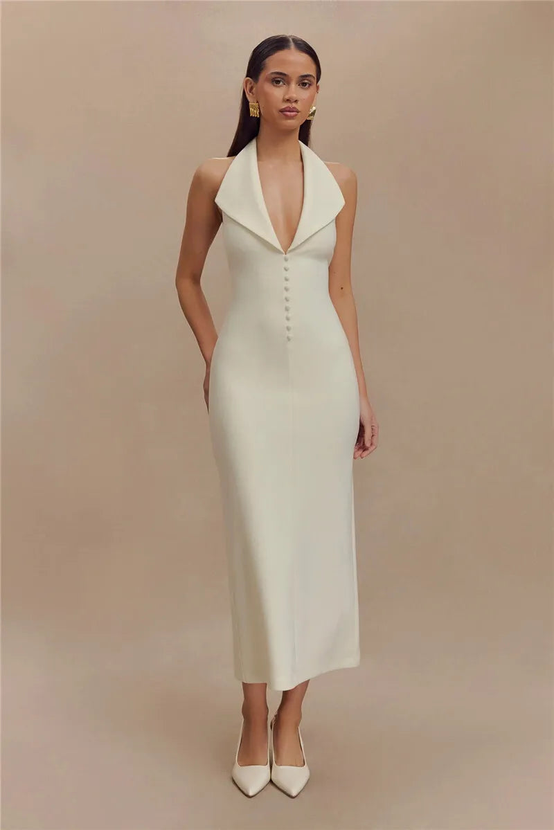 Halter Deep V Neck Sleeveless Sexy Maxi Dress For Women Elegant Backless Bodycon Tank Dress Femme Fashion Long Dress