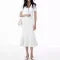 Korean Summer Black White Elegant Office Knit Long Dress Women Blue Red V-neck Slim Short Sleeve Single Breasted Fishtail Dress