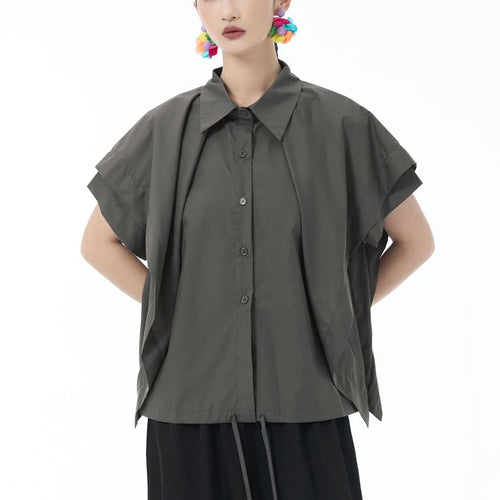 Load image into Gallery viewer, Women Gray Irregular Spliced Bandage Big Size Blouse New Lapel Short Sleeve Shirt Fashion Tide Spring Summer 2025 1DJ1605
