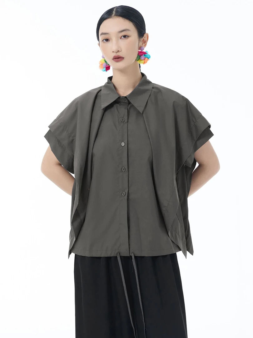 Women Gray Irregular Spliced Bandage Big Size Blouse New Lapel Short Sleeve Shirt Fashion Tide Spring Summer 2025 1DJ1605