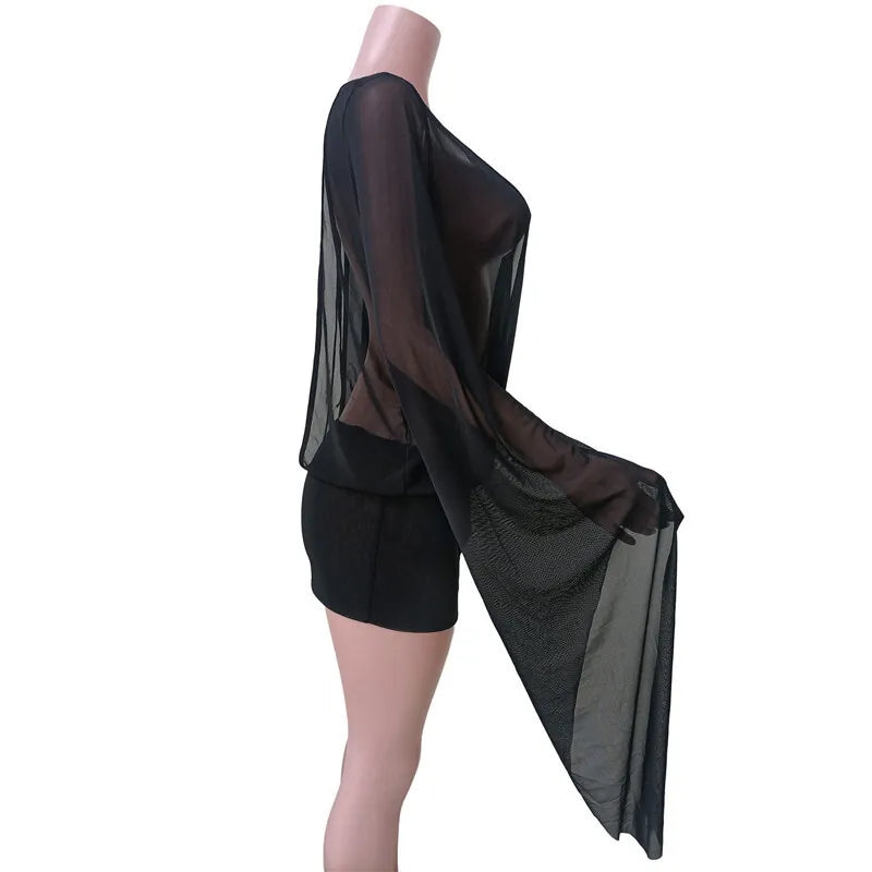 Mesh See Through Sexy Mini Dress For Women Black Sheer Mesh Deep V Neck Long Sleeve Backless Draped Ruched Dress