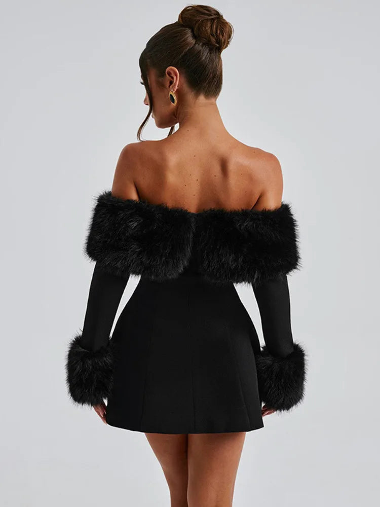 Feather Strapless Long Sleeve Sexy Mini Dress Women Fashion Off-shoulder Backless High Waist Club Party Dress Elegant