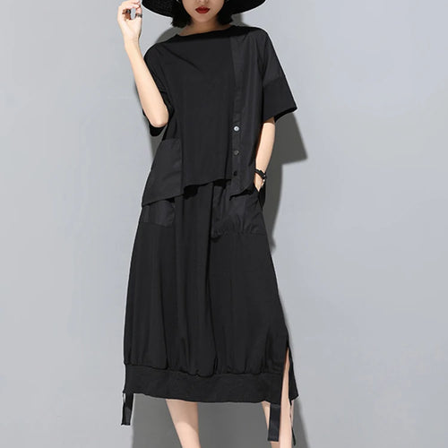 Load image into Gallery viewer, Women Black Pocket Irregular Spliced Big Size T-shirt New Round Neck Short Sleeve Fashion Tide Spring Summer 2025 1DJ1740
