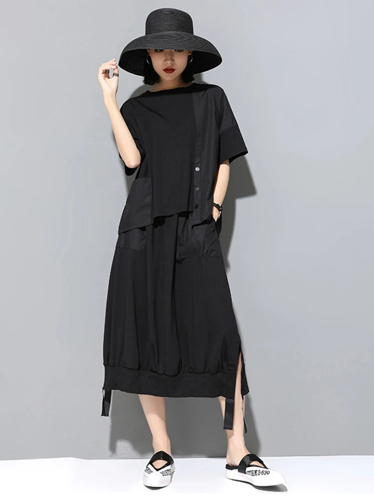 Women Black Pocket Irregular Spliced Big Size T-shirt New Round Neck Short Sleeve Fashion Tide Spring Summer 2025 1DJ1740