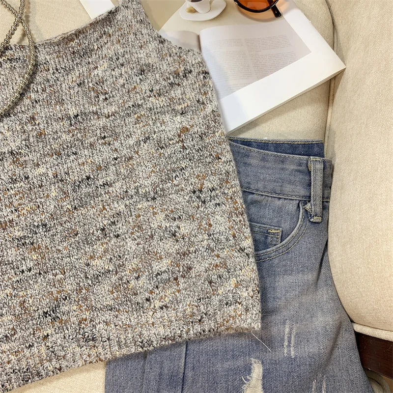 New Women's Green Sleeveless Backless Slip Tops Gray Backless Sleeveless Crochet Knitted Short Tank Top Summer Clothing Fashion