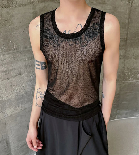 Male Tank Top Slim Fit Round Neck Stylish See-through Sexy Summer High Street Trendy Sleeveless Men's Vest C5787