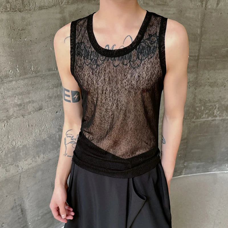 Male Tank Top Slim Fit Round Neck Stylish See-through Sexy Summer High Street Trendy Sleeveless Men's Vest C5787