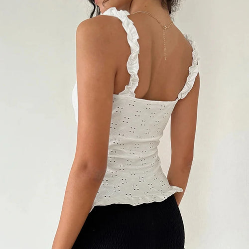 Load image into Gallery viewer, Y2K Aesthetics Hollow Out Lace Patchwork Camisole Women Summer Fold With Buttons Slimming Tops Cute Frill Trim Design
