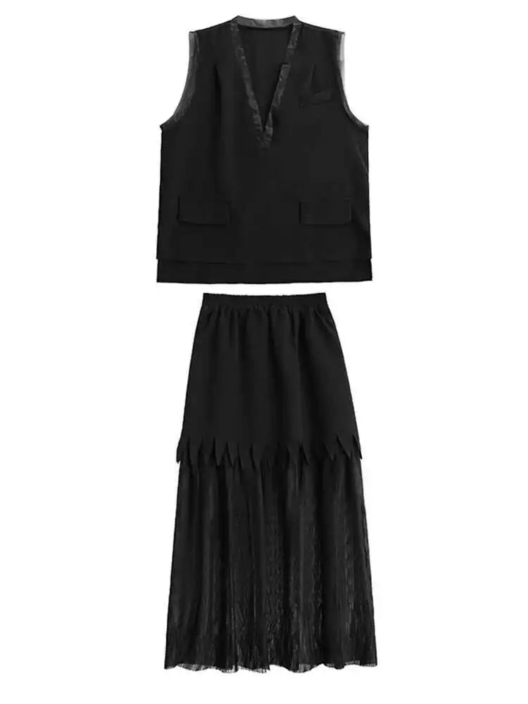 Black Big Size Vest Pleated Skirt Two Pieces Suit New V-Neck Sleeveless Women Fashion Tide Spring Autumn 2025 1DJ0261