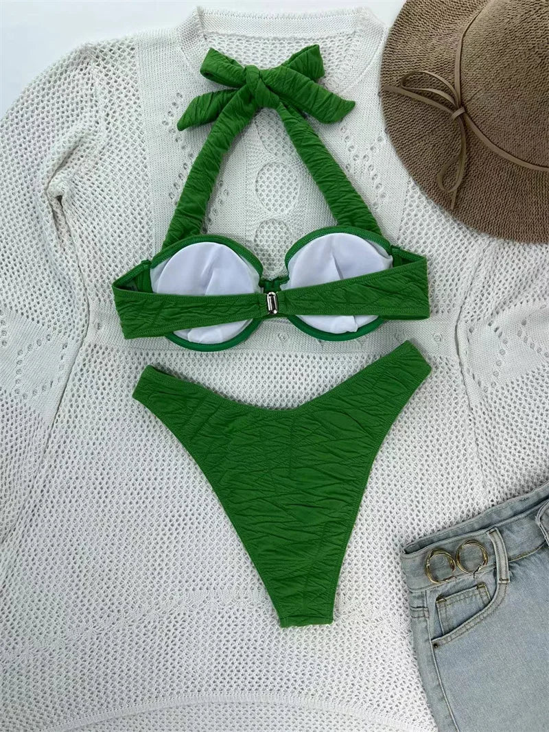 Underwire Halter Swimwear Bandeau Bikini Sets 2024 Sexy Women Swimsuit Thong Biquini Brazilian Bathing Suit Beachwear