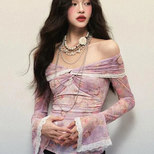 Load image into Gallery viewer, Sexy Lace Patchwork Slash Neck Gauze Tshirts Women Y2k Aesthetic Bottoming Grunge Tops Harajuku Vintage Fairy Print Pleated Tees
