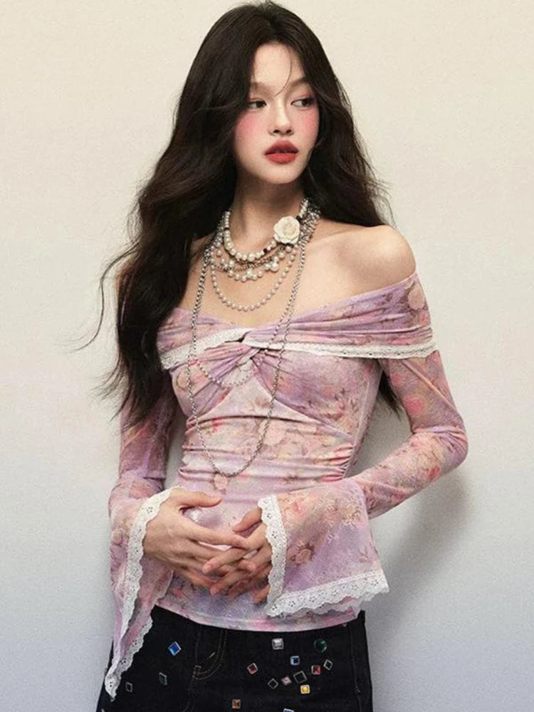 Sexy Lace Patchwork Slash Neck Gauze Tshirts Women Y2k Aesthetic Bottoming Grunge Tops Harajuku Vintage Fairy Print Pleated Tees