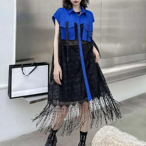 Load image into Gallery viewer, Women Army Green Lace Perspective Tassels Midi Shirt Dress New Lapel Sleeveless Fashion Tide Spring Summer 2025 1DH4540
