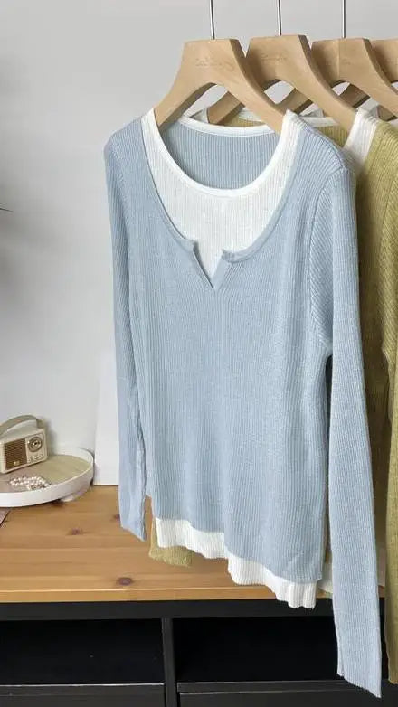 Autumn Winter Women's Patchwork Long Sleeved Pullover Sweater French Casual Round Neck Holiday Knitwear Tops 2024 New Streetwear