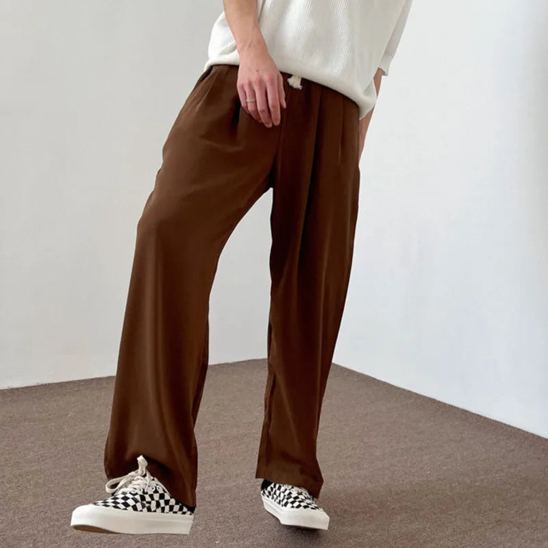 Spring Elastic Waist Casual Pants Solid Color Men Loose Wide Leg Simple Design Trousers 2025 Trendy Male Bottoms 28W3844