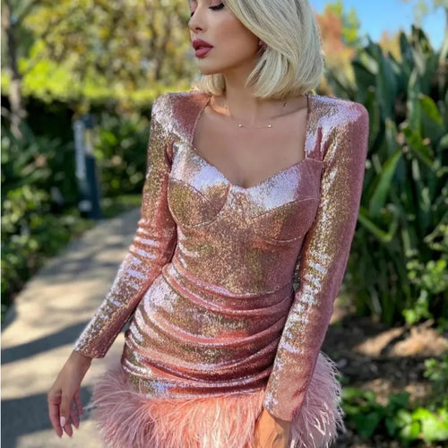 Load image into Gallery viewer, Sexy U Neck Long Sleeve Metal Shining Dress Women Feather Pleated Wrap Hip Skirt Light Wool Bottom Panel Party Clubwear
