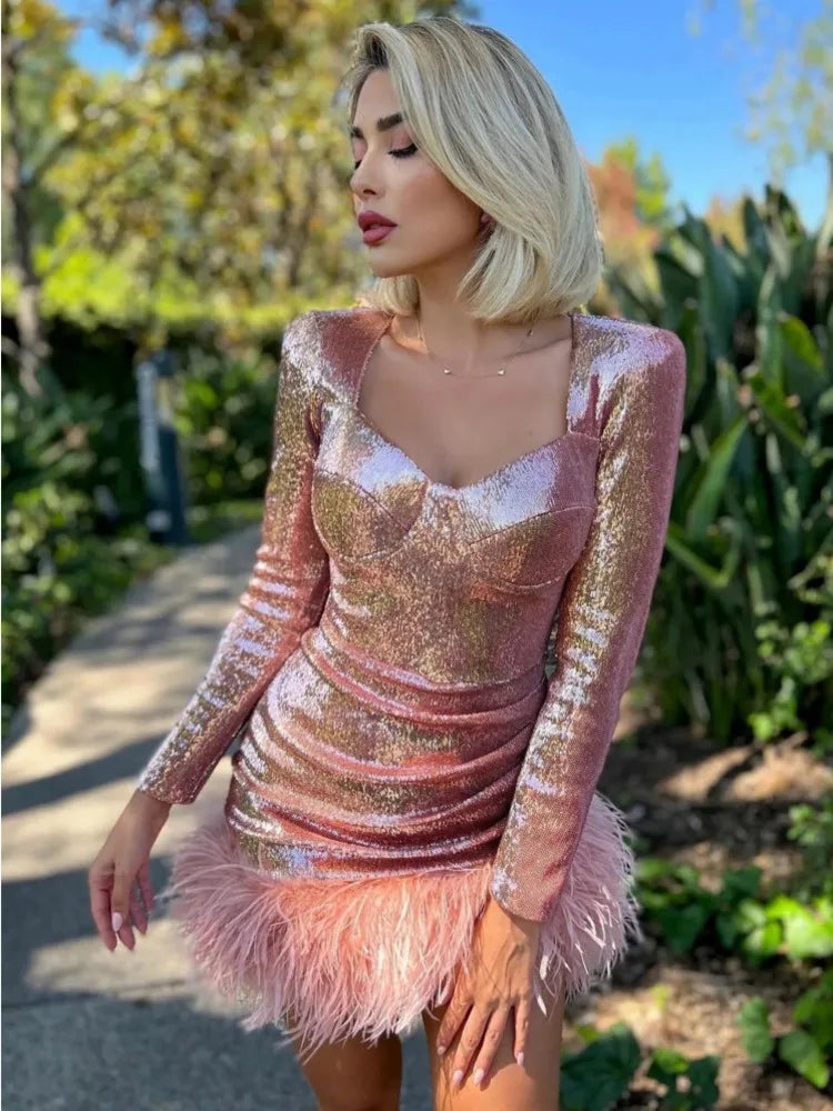 Sexy U Neck Long Sleeve Metal Shining Dress Women Feather Pleated Wrap Hip Skirt Light Wool Bottom Panel Party Clubwear