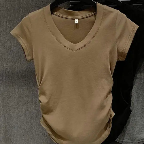 Load image into Gallery viewer, Summer Solid V Neck Pullover Irregular Pleated T Shirt Women Short Sleeved Holiday Tops 2024 Korean Fashion Simplicity Clothing
