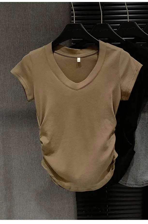 Summer Solid V Neck Pullover Irregular Pleated T Shirt Women Short Sleeved Holiday Tops 2024 Korean Fashion Simplicity Clothing