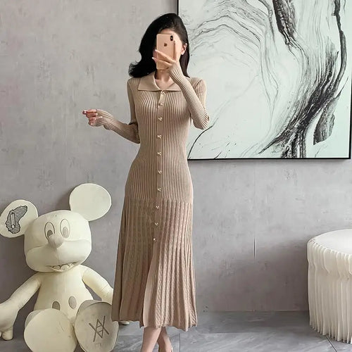 Load image into Gallery viewer, Autumn 2024 New Women's Black Beige Single Breasted Knitted Long Dress Green Elegant Office Lady Long Sleeve Pleated Dress Trend
