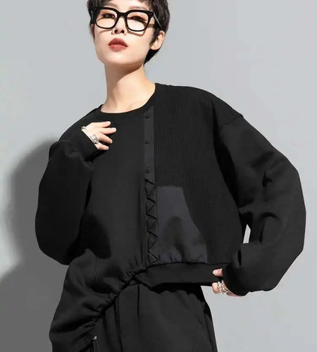 Loose Fit Black Irregular Hem Sweatshirt New Round Neck Long Sleeve Women Big Size Fashion Tide Spring Autumn 2025 1DF1318