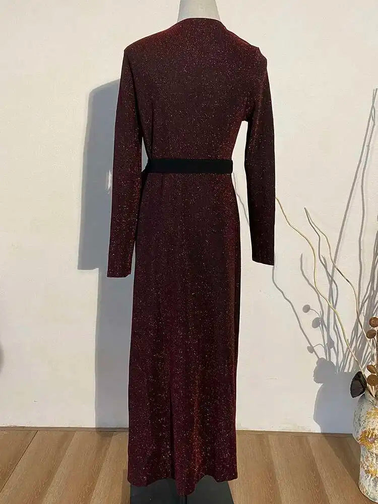 Women Long Wine Red Shining Bandage Long Trench New V-collar Long Sleeve Loose Windbreaker Fashion Spring 2025 JO57203