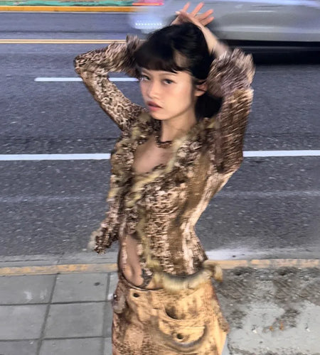 Japanese Y2k Leopard Print Shirt Vintage Harajuku Fur Shirt Grunge Aesthetics V-neck Irregular Blouses American Retro
