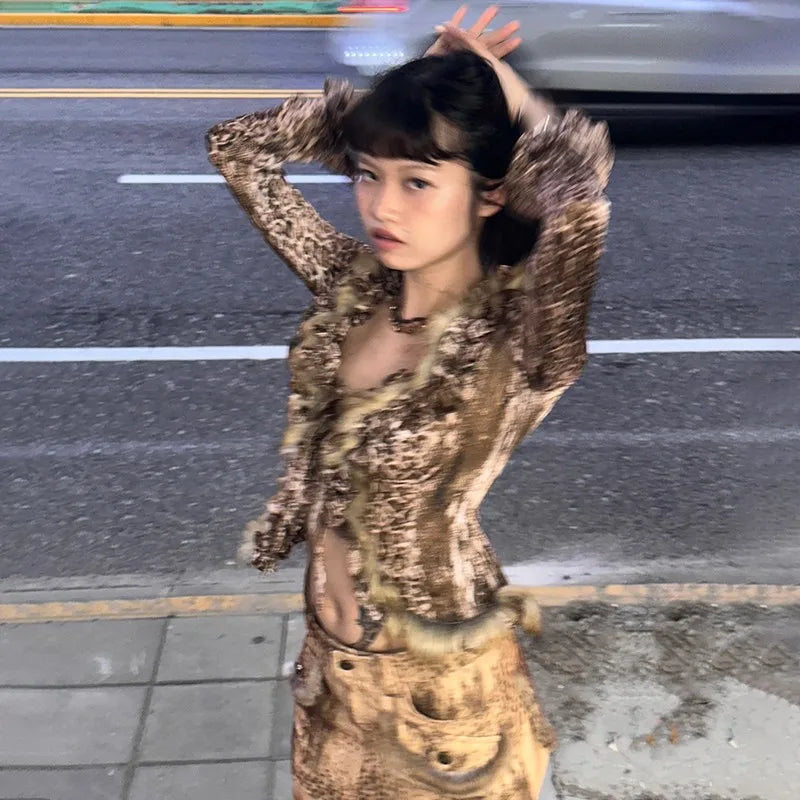 Japanese Y2k Leopard Print Shirt Vintage Harajuku Fur Shirt Grunge Aesthetics V-neck Irregular Blouses American Retro