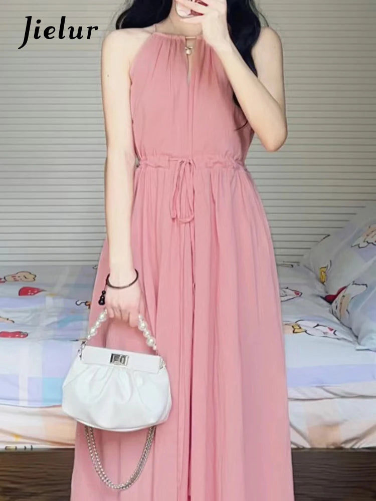 Pink Halter Hollow Strapless Sexy Vacation Dress French Style High Street Sleeveless Solid Color O-neck Women's Dresses