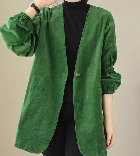 Women Green Retro Artistic Corduroy Blazer Jacket Spring Autumn V Neck Long Sleeve Versatile Loose High-end Workwear Suit Coats