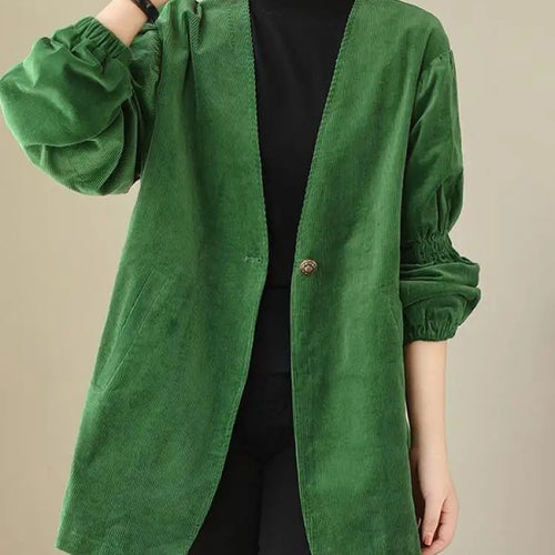 Load image into Gallery viewer, Women Green Retro Artistic Corduroy Blazer Jacket Spring Autumn V Neck Long Sleeve Versatile Loose High-end Workwear Suit Coats
