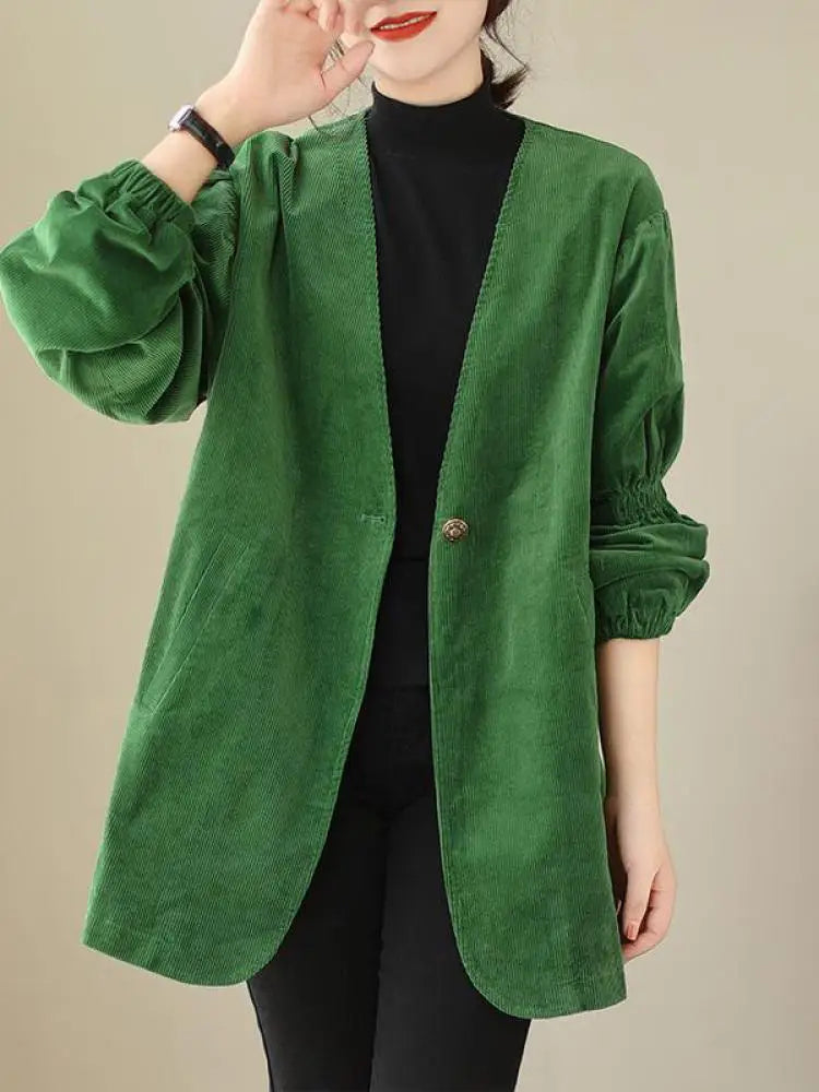 Women Green Retro Artistic Corduroy Blazer Jacket Spring Autumn V Neck Long Sleeve Versatile Loose High-end Workwear Suit Coats