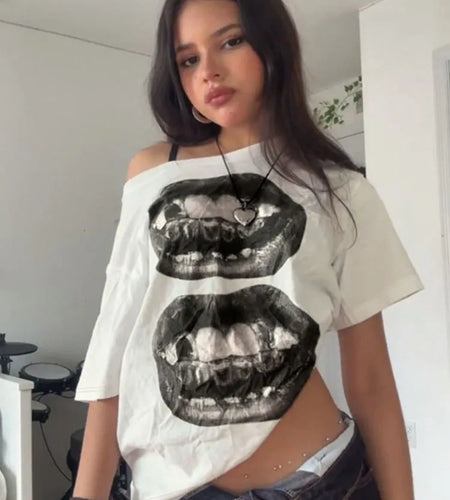 American Street Hip Hop Mouth Print Loose T-shirt Women Personalized Casual Top
