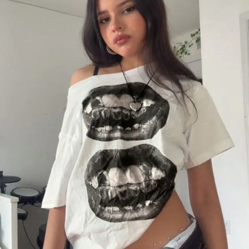 Load image into Gallery viewer, American Street Hip Hop Mouth Print Loose T-shirt Women Personalized Casual Top

