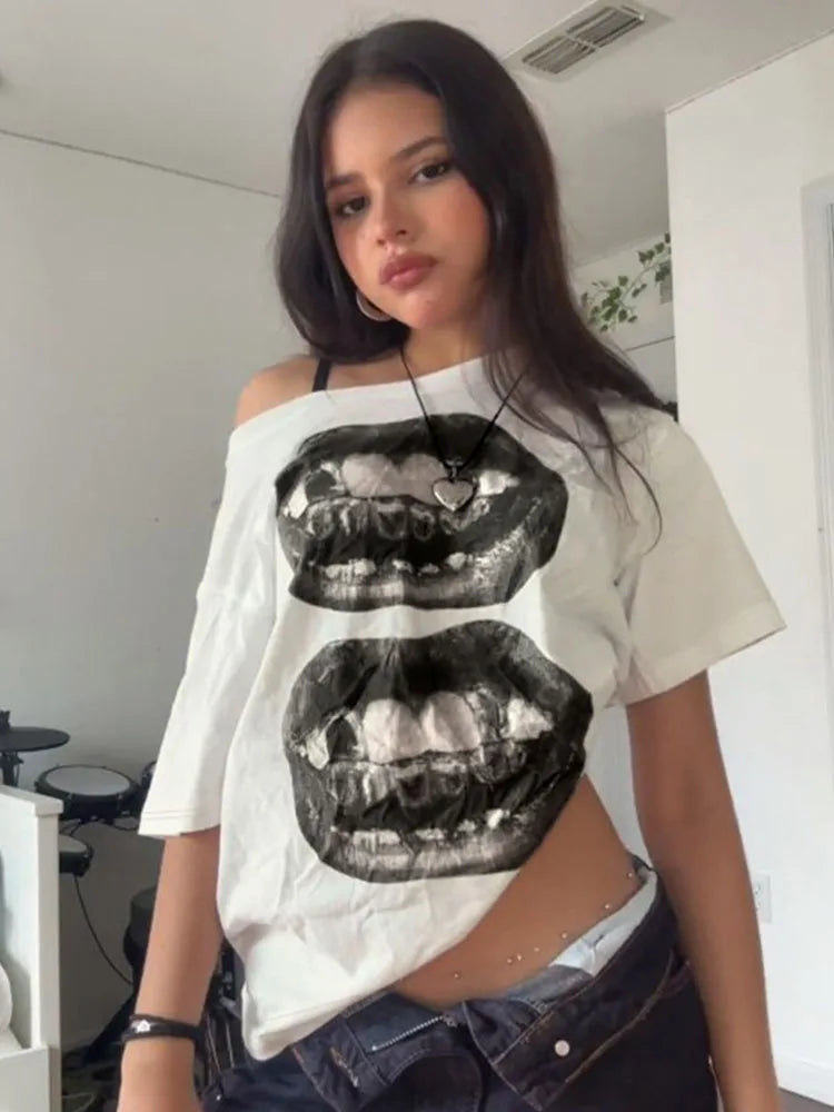 American Street Hip Hop Mouth Print Loose T-shirt Women Personalized Casual Top
