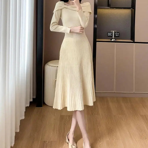 Load image into Gallery viewer, Black Elegant Long Sleeve Knit Dress Women Autumn Beige Bow French Fashion Slim Casual Ladies Midi Red Party Dresses Simplicity
