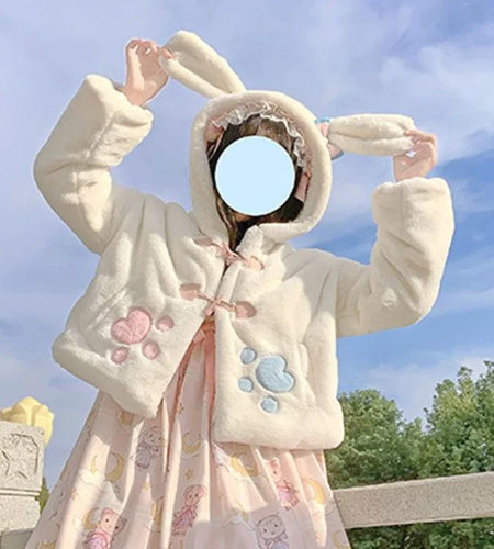 Lolita Fluffy Women Hooded Crop Coat 2025 Y2k Aesthetic Grunge Horn Toggle Button Jacket Rabbit Ear Harajuku Jackets Cute Tops