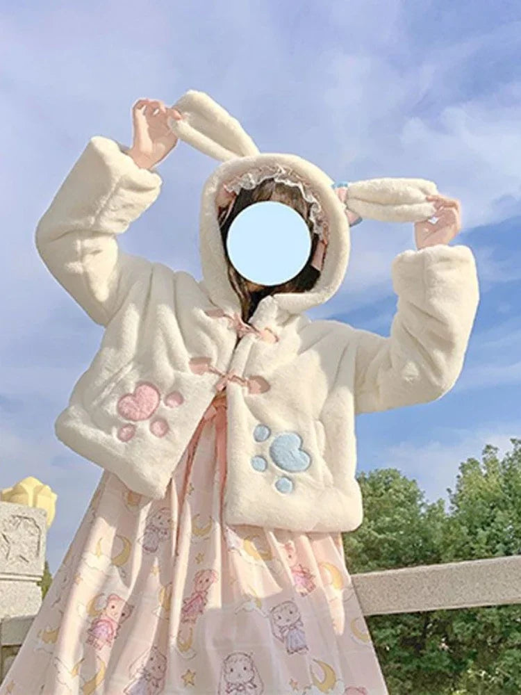 Lolita Fluffy Women Hooded Crop Coat 2025 Y2k Aesthetic Grunge Horn Toggle Button Jacket Rabbit Ear Harajuku Jackets Cute Tops