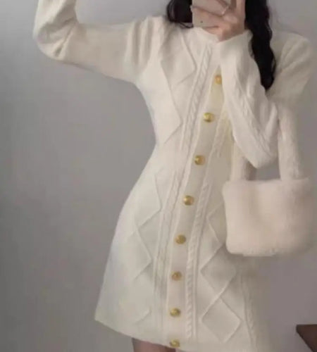 Women Solid Single Breasted Wrap Hip Mini Dress Autumn Winter Elegant Round Neck Sweater Short Dress 2024 Korean Vintage Popular
