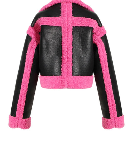 Loose Fit Rose Red Thick Warm Lambswool Jacket New Lapel Long Sleeve Women Coat Fashion Tide Spring Autumn 2025 1DH0227