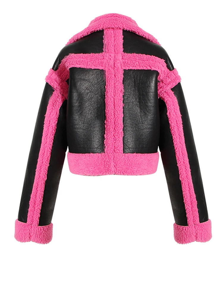 Loose Fit Rose Red Thick Warm Lambswool Jacket New Lapel Long Sleeve Women Coat Fashion Tide Spring Autumn 2025 1DH0227