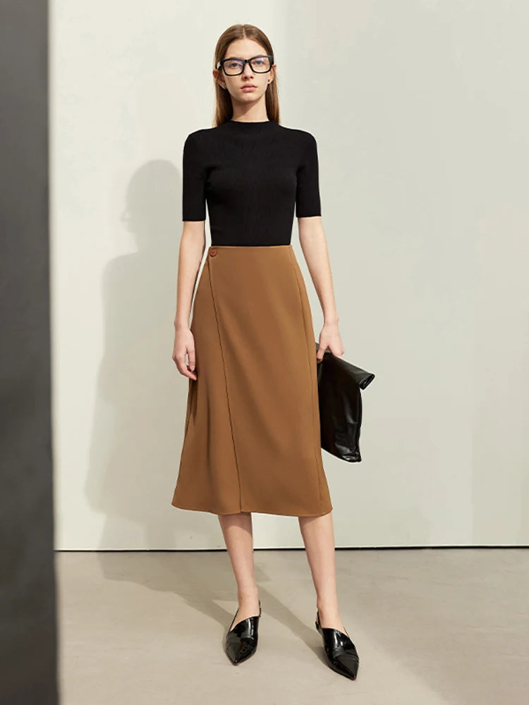 Minimalism Women Skirts 2024 Spring New Asymmetric Lap Piece A-line Solid Trendy Commuter Mid-Calf Skirt For Lady 12421040